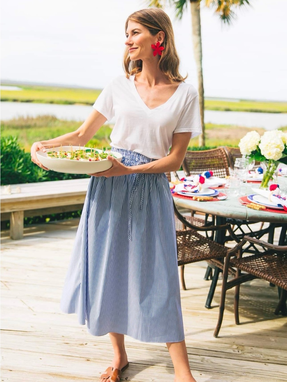 Tuckernuck Blue and White Striped Midi Skirt